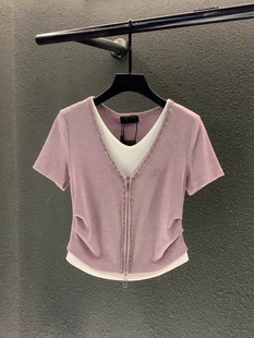 粉色假两件拉链短袖T恤女夏季新款时尚百搭体恤显瘦洋气减龄上衣