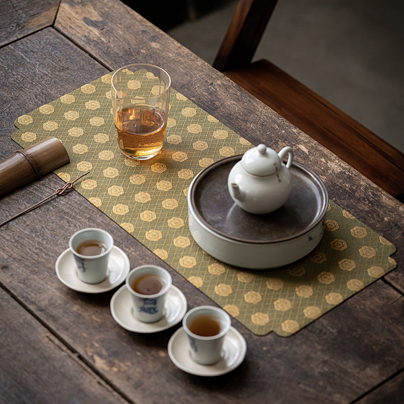 新中式干泡防水茶席家用棉麻茶桌布垫子锦缎双面禅意桌旗茶具配件
