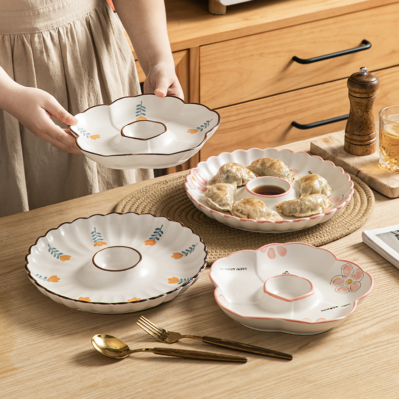 日式家用陶瓷饺子盘子带醋碟蘸料碟创意分格餐盘炸薯条寿司虾盘