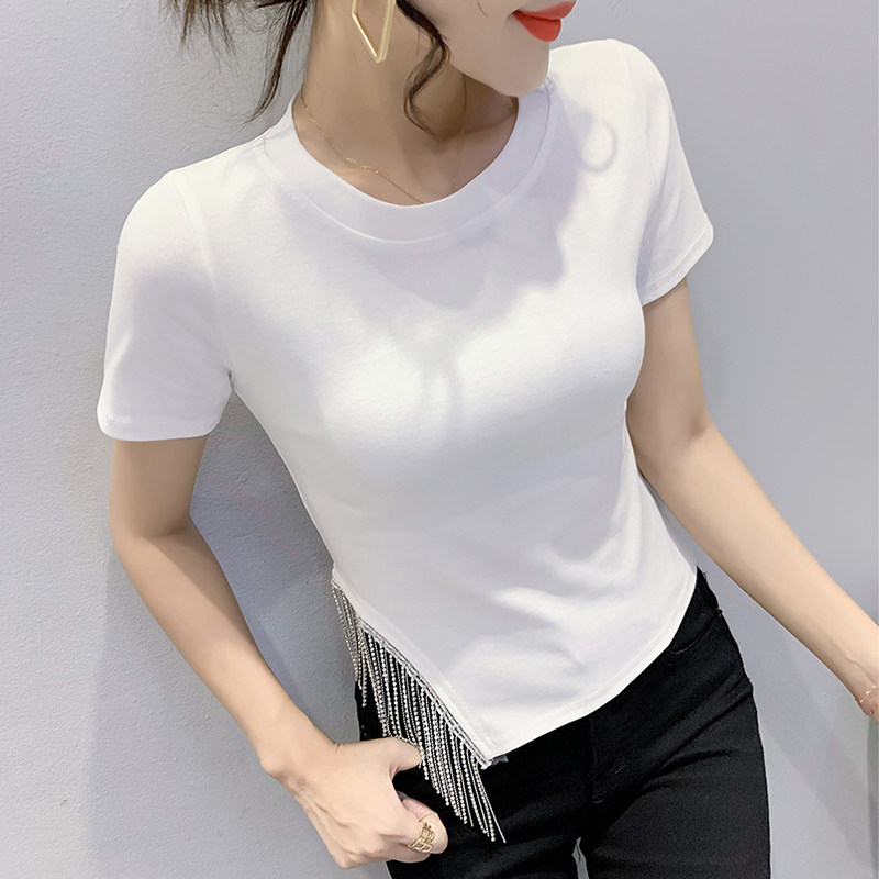 性感高腰t恤女短袖夏不规则设计感流苏上衣修身百搭半袖开叉体恤