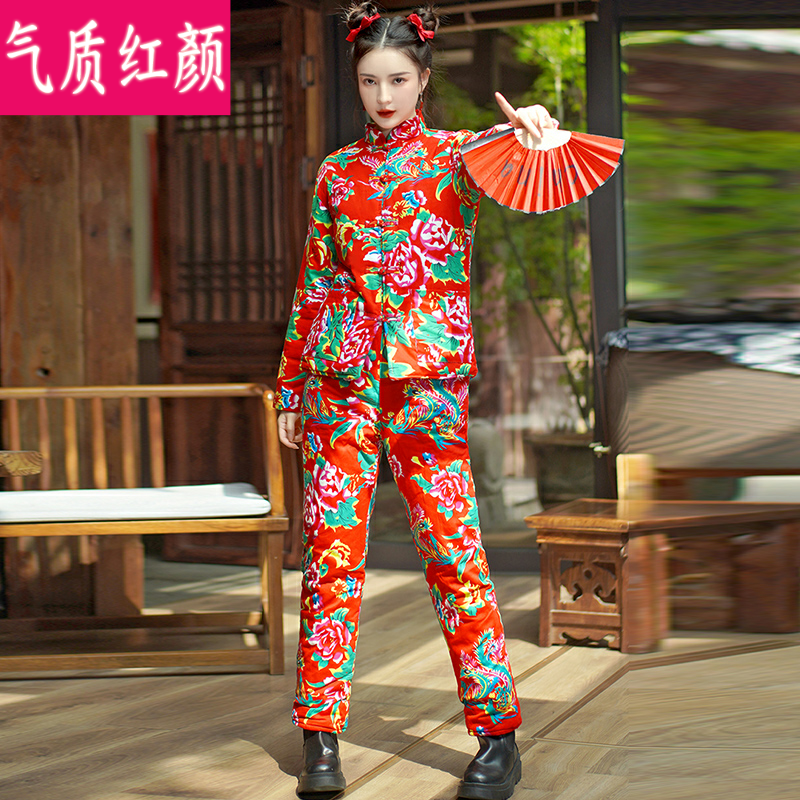 东北大花布衣服套装女民族风复古唐装夹棉加厚盘扣棉衣棉裤两件套