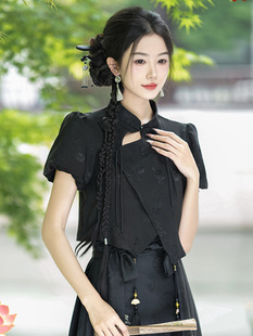 搭配马面裙的上衣夏季短袖不规则新中式衬衫中国风立领盘扣衬衣女