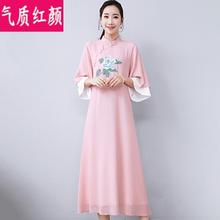 中国风唐装女茶艺服装禅服茶服古风禅意汉服改良旗袍雪纺连衣裙夏