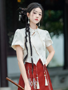 新中式国风短袖汉服套装女小个子不规则短款上衣搭配马面裙的衬衫