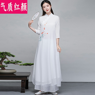 中国风唐装女仙气白色禅意茶服长裙改良汉服旗袍雪纺连衣裙两件套