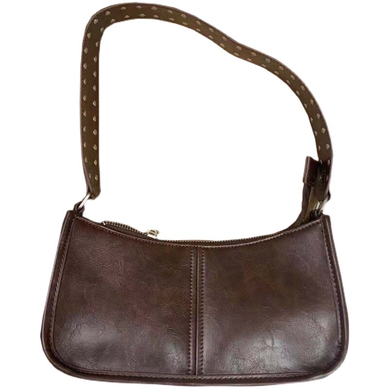 官网brandymelville复古棕色铆钉法棍包bm皮革腋下包单肩包包女潮