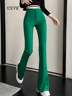 绿色微喇叭西装裤女2024春夏新款高腰修身显瘦小个子休闲马蹄裤子