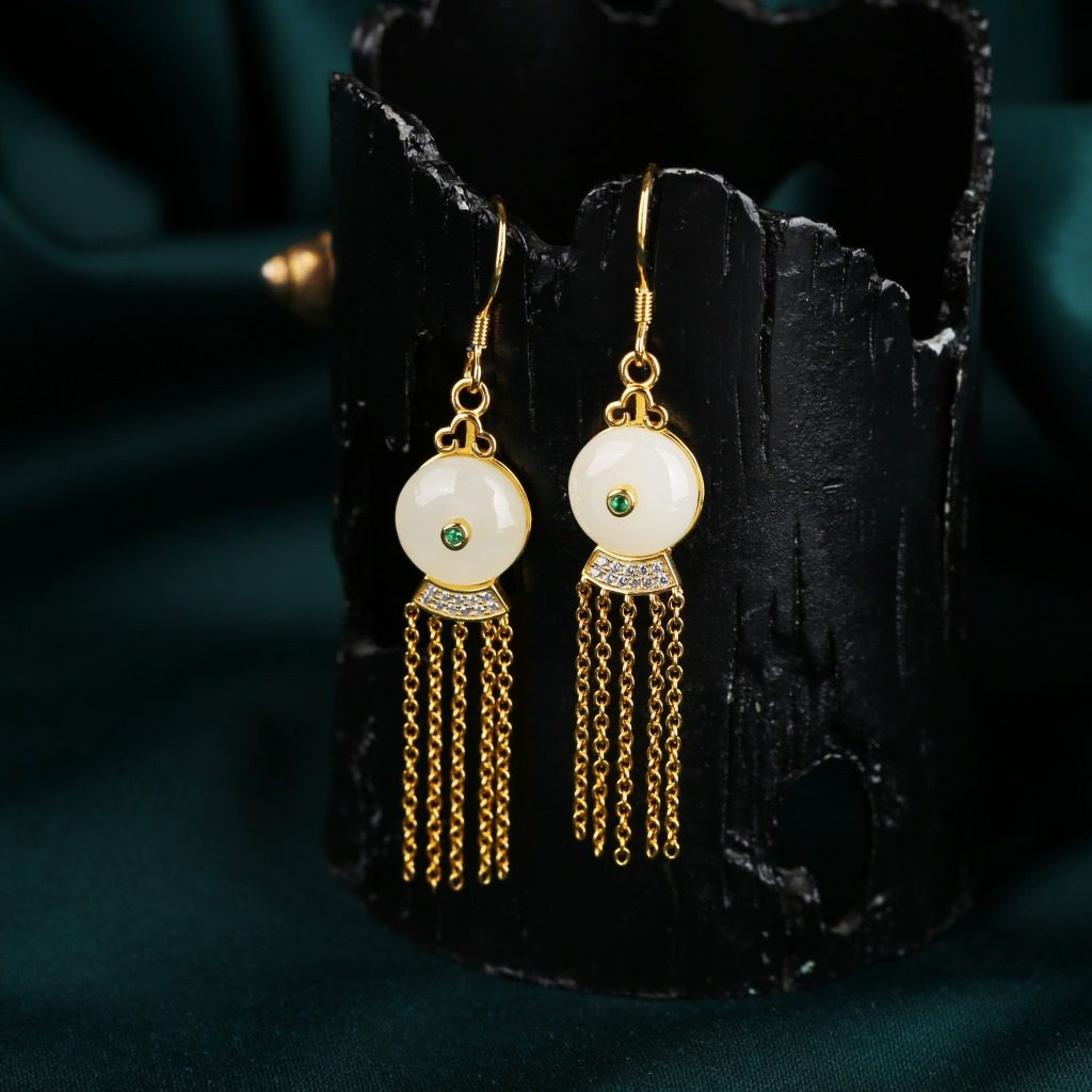 s925纯银镶和田玉白玉平安扣流苏耳环复古宫廷风优雅古韵耳坠耳饰