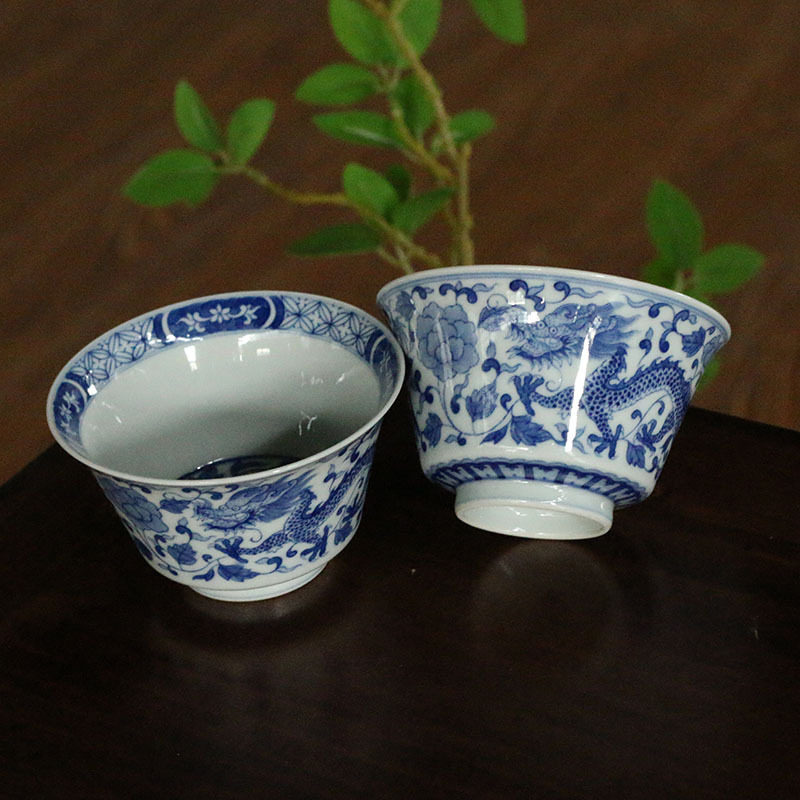 恩窑手造青花双龙马蹄杯收藏送礼景德镇手绘青花瓷品茗杯主人杯子