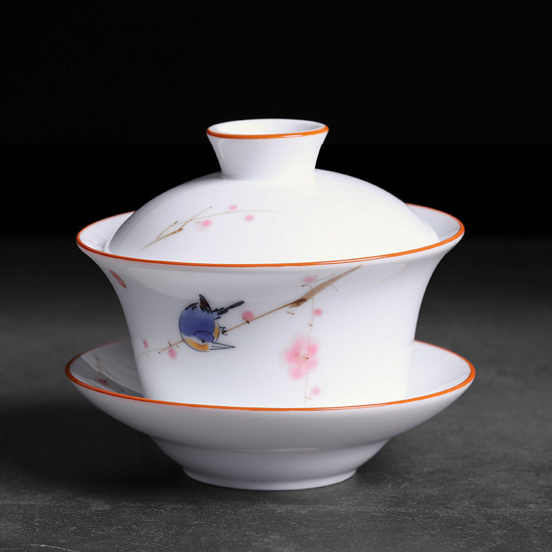 德化白瓷手绘三才杯盖碗茶杯功夫泡茶碗300ml特大号家用陶瓷单个