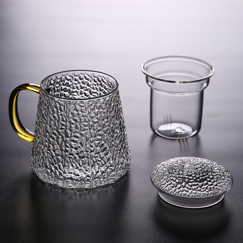 锤纹玻璃杯带盖水杯带把家用茶杯喝茶内胆过滤茶水分离杯锤目纹