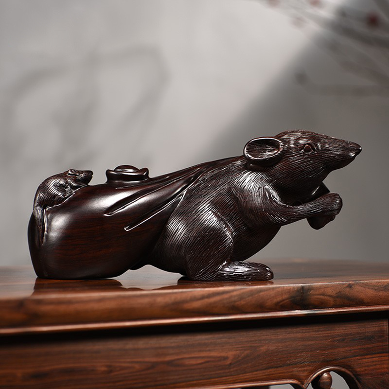 黑檀实木布袋鼠十二生肖老鼠摆件家居客厅办公玄关装饰红木工艺品