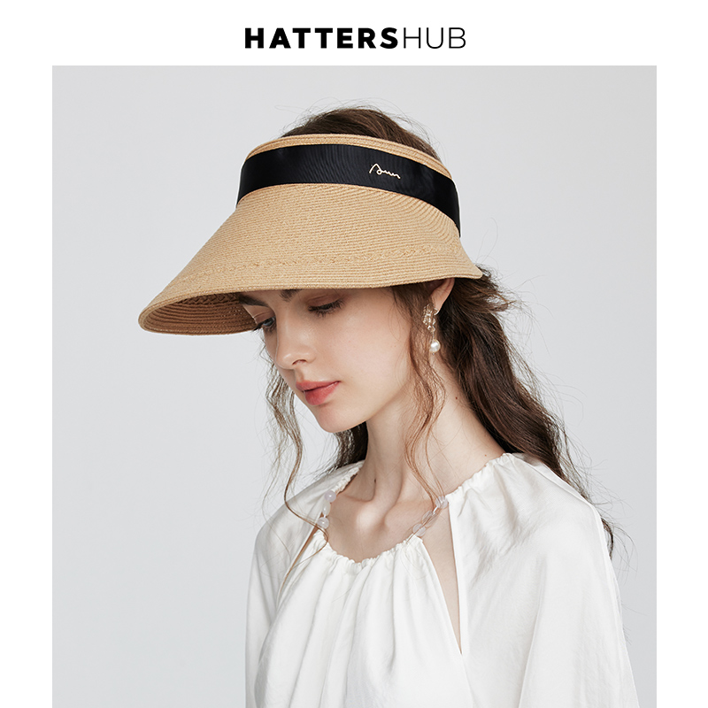 帽仕汇空顶帽女夏季简约日系帽子大檐遮脸遮阳帽出游度假法式草帽