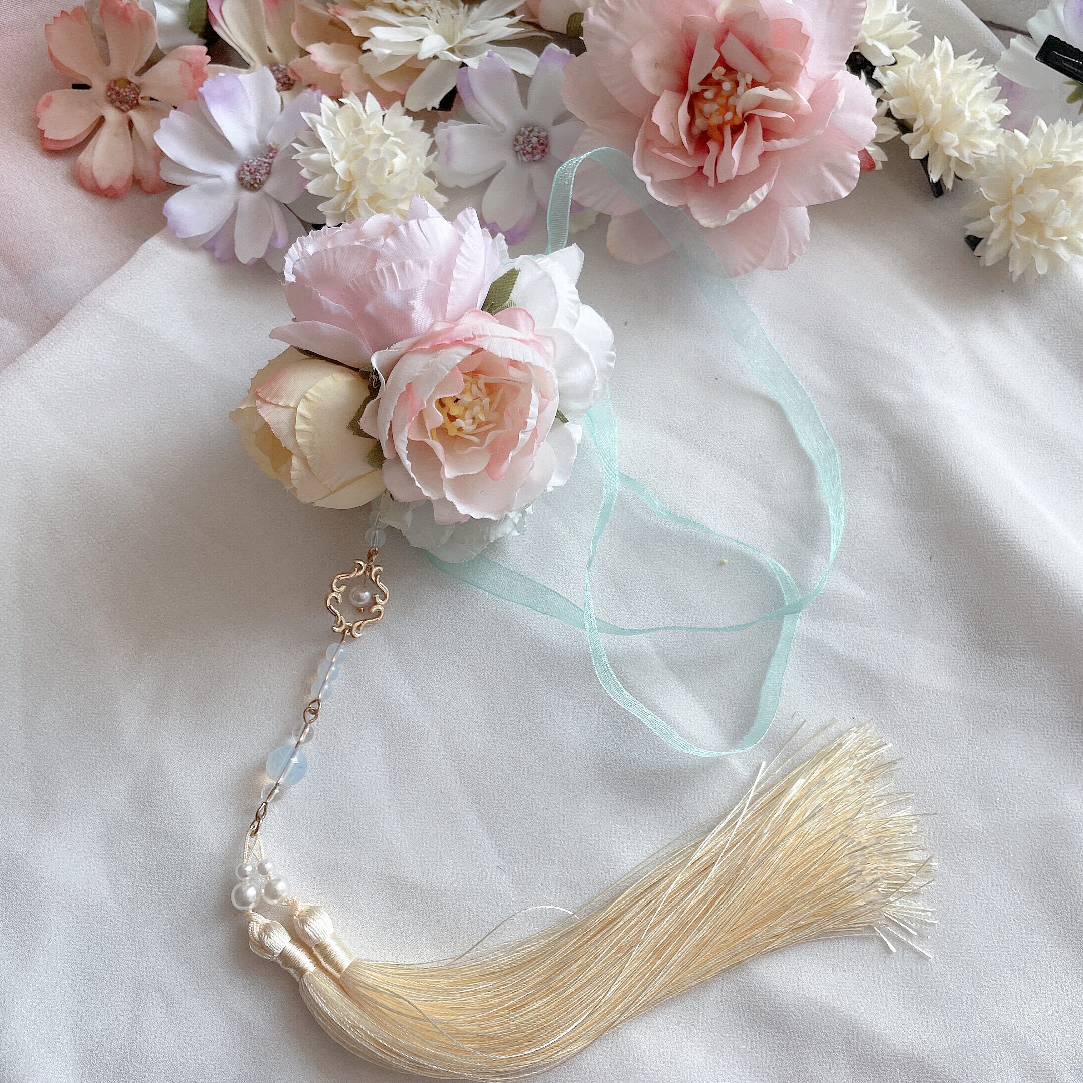 9淘宝新品儿童古风腰佩挂件绢花禁步超仙女童汉服配饰手工长流苏花朵