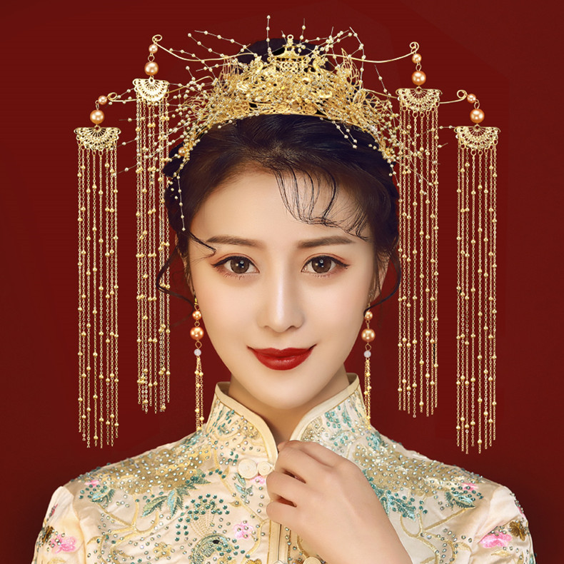 秀禾头饰中式新娘2020新款简单大气结婚凤冠流苏步摇秀禾服皇冠女