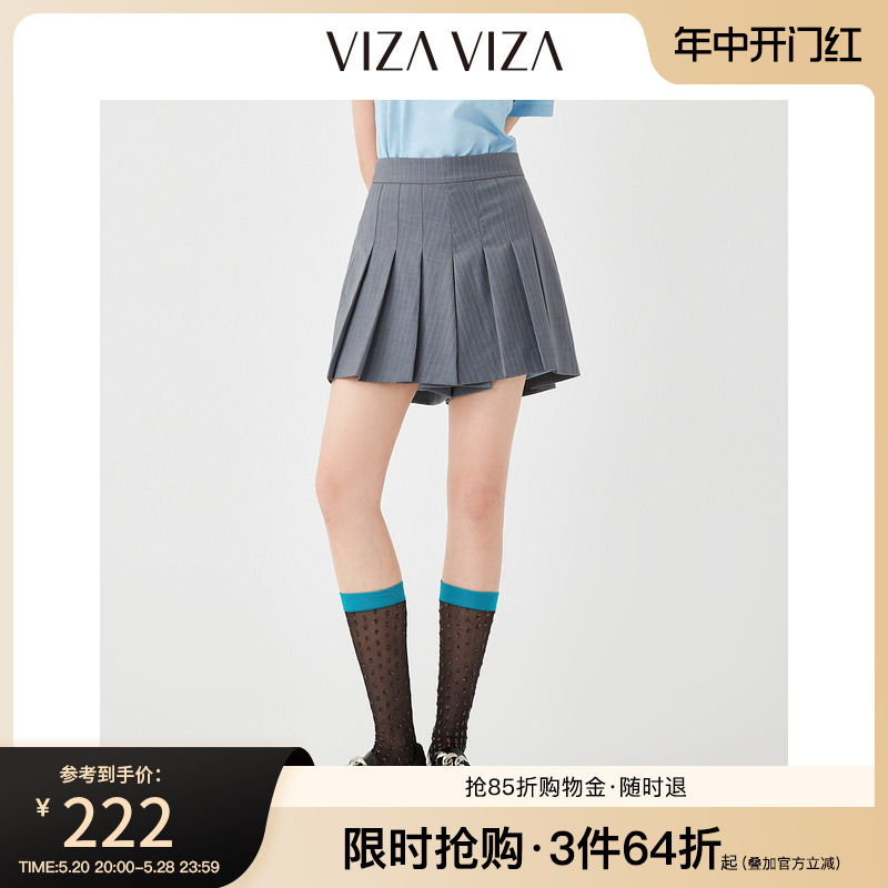 【商场同款】VIZA VIZA 2023春秋新款裙裤女绵羊毛高腰百褶短裤女