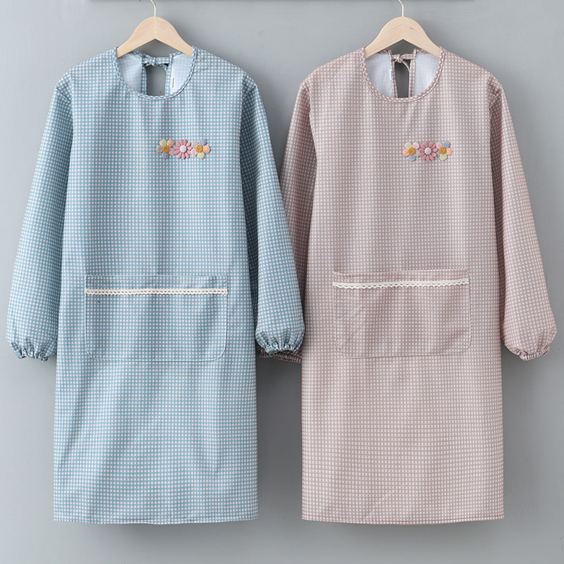 冬季格子时尚长袖罩衣大人围裙家用厨房做饭女纯棉外套护衣工作服