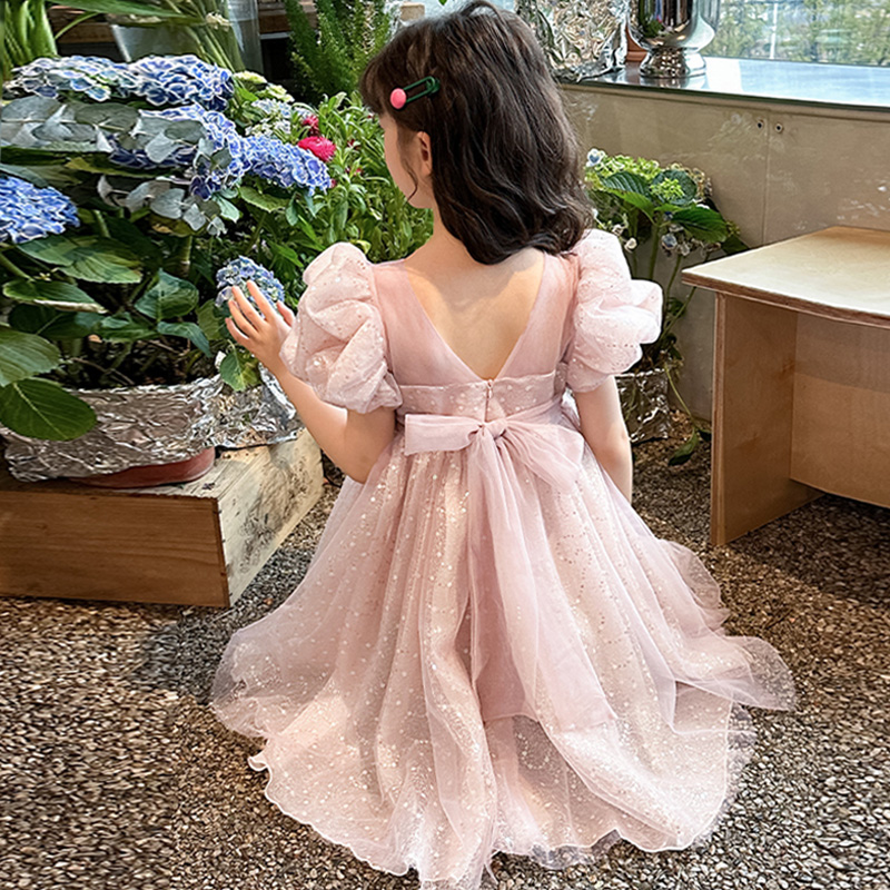 女童连衣裙2024夏季新款儿童时髦礼服泡泡袖公主裙女宝宝纱裙洋气