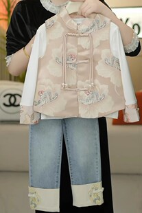 女童汉服套装春季新款2024春秋大儿童国风马甲汉服牛仔裤唐装三件