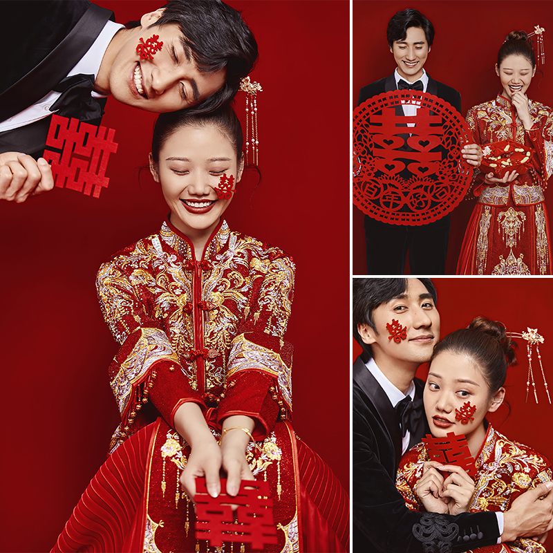 2021年影楼婚纱照样片放大秀禾服室内红色喜嫁中国风主题样片