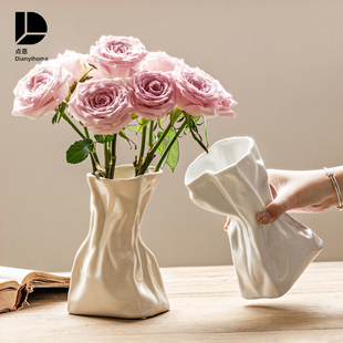 花瓶陶瓷摆件客厅插花高级轻奢奶油白色法式鲜花玫瑰创意小众简约