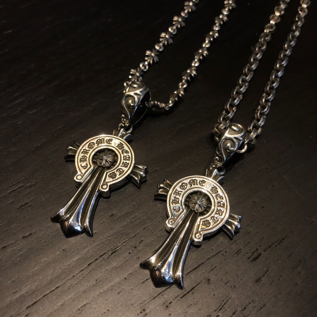 狄安娜克罗心复古潮牌ch马蹄卷轴十字架925纯银欧美青年高端项链