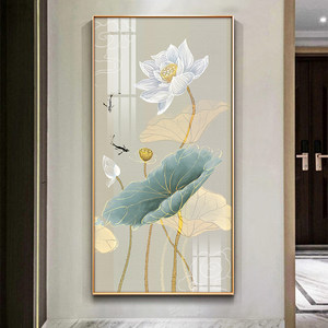 竖版挂画玄关九鱼荷花图装饰画图片