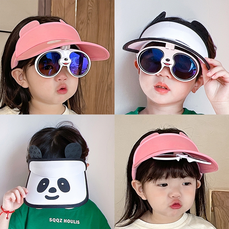 儿童遮阳帽夏季男童熊猫眼镜空顶帽女童户外出游太阳帽宝宝防晒帽