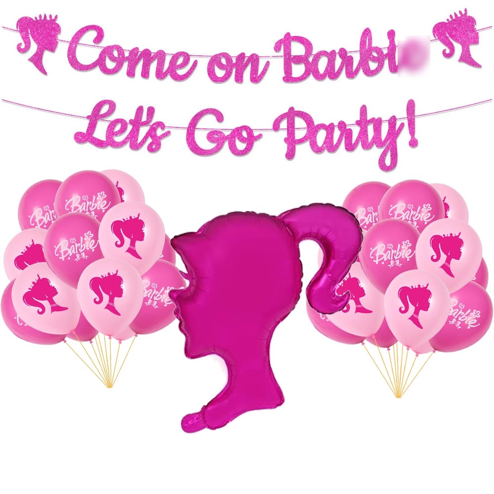 Come on Barbie Let's go party玫闪粉拉旗芭比女孩派对气球套装