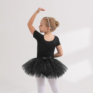 儿童舞蹈服夏季短袖黑色纯棉女童练功服幼儿芭蕾舞裙连体考级新
