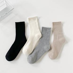 秋冬新款袜子女ins潮可爱日系卷边中筒袜纯色加厚毛圈棉袜堆堆袜