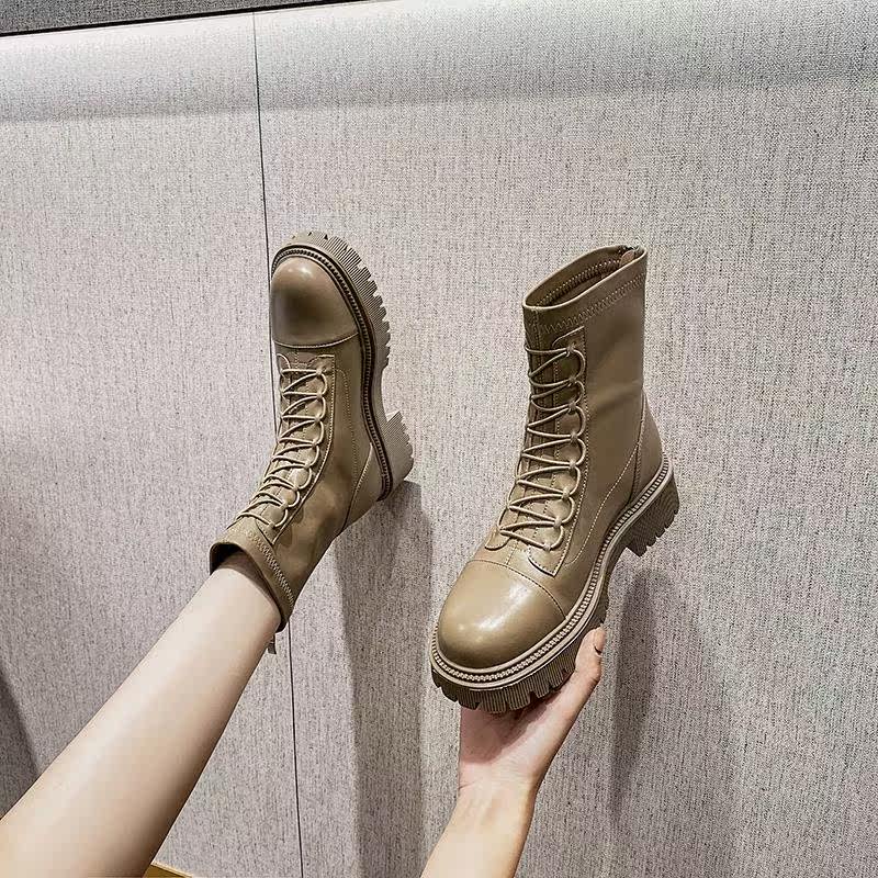 e百搭马丁靴卡其色新款2021秋冬款时尚厚底增高女短靴英伦风短筒