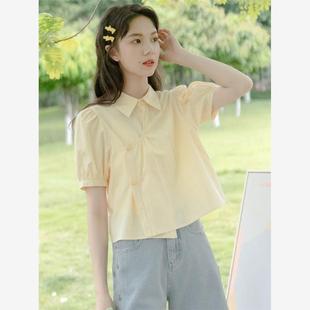 韩系小清新奶黄色衬衫女夏季款泡泡袖设计感小众绝美独特别致上衣