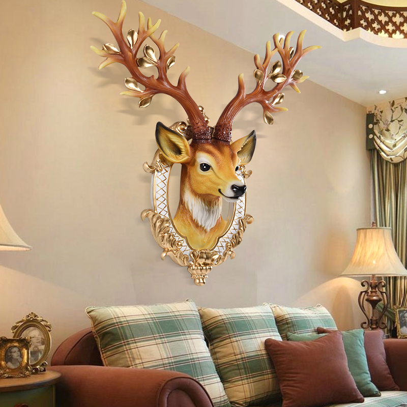 招财鹿头壁挂客厅背景墙 欧式墙壁玄关卧室楼梯挂件创意装饰品
