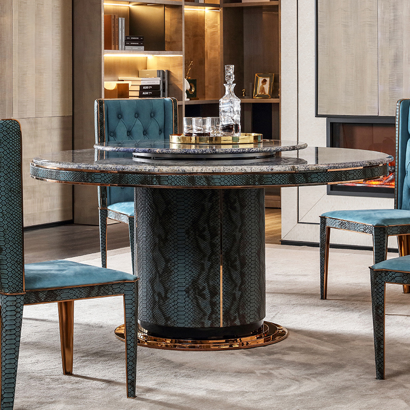 意式轻奢天然大理石圆餐桌高端别墅餐厅带转盘饭桌椅组合奢石餐台