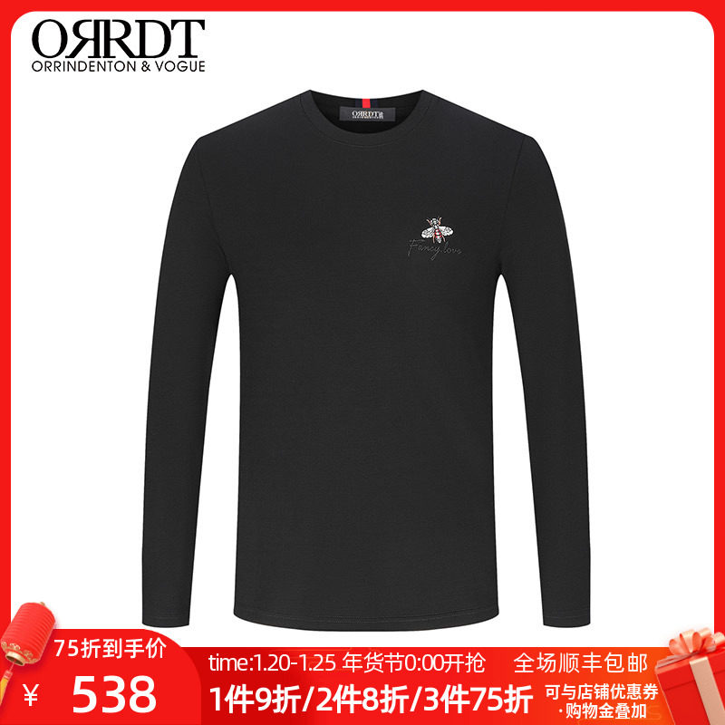 🐝orrdt澳林丹顿男装春秋轻奢小蜜蜂刺绣长袖t恤男时尚打底套头衫潮