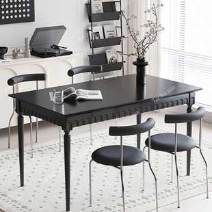法式复古餐桌长方形实木饭桌椅美式简约家用中古风黑色桌子带抽屉