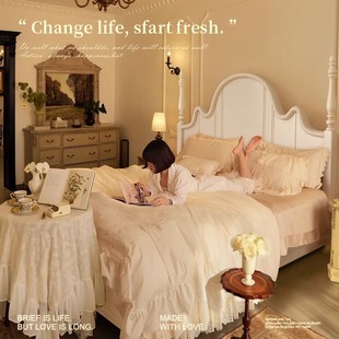 法式实木床白色奶油风公主床1.8米1.5卧室双人床美式复古轻奢大床