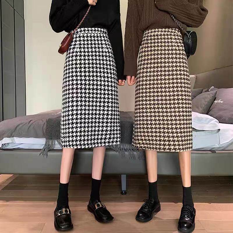 千鸟格毛呢a字半身裙秋冬天配毛衣加厚中长裙大码显瘦包臂一步裙