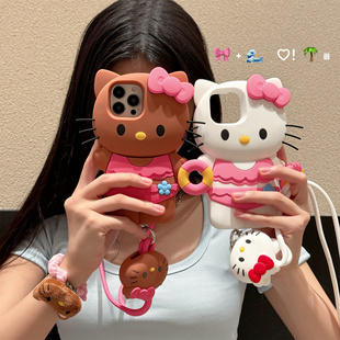 日本HelloKitty凯蒂猫立体公仔适用iPhone15Pro手机壳可爱创意时尚女款13苹果14promax硅胶套12卡通软壳i15新