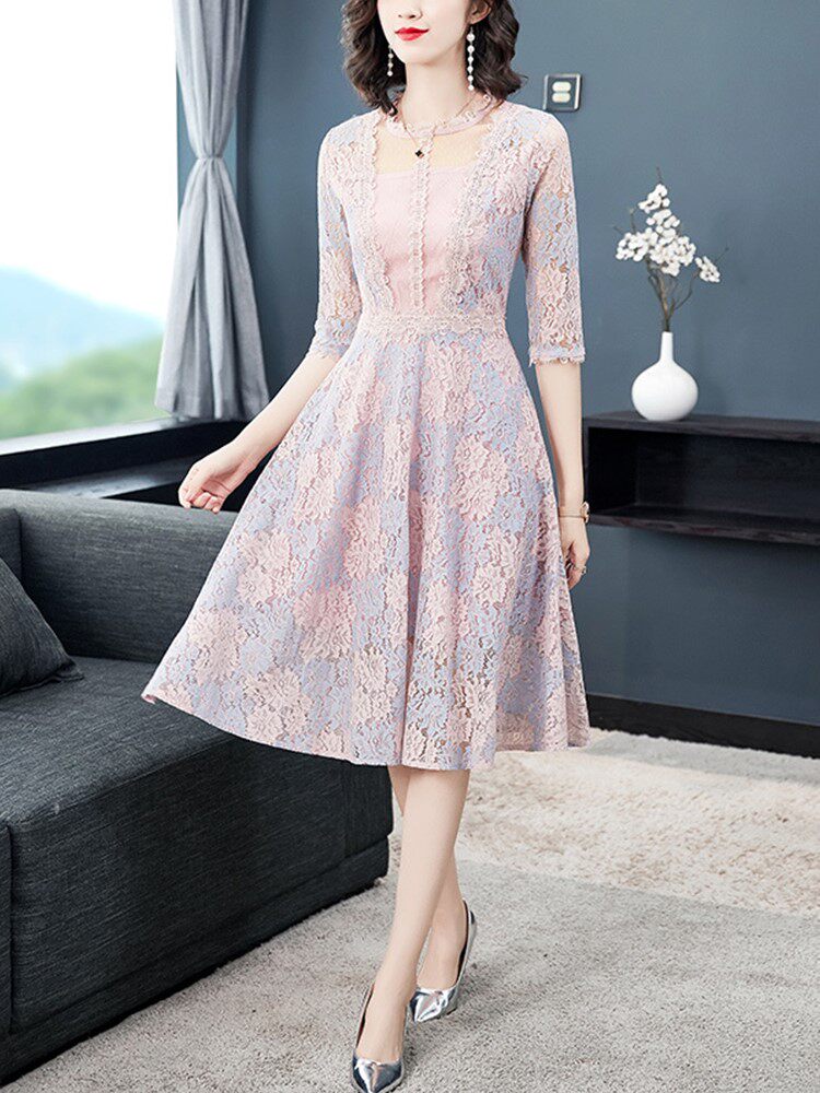 碧姬蔻2020新款春款时尚潮流女装气质七分袖蕾丝连衣裙胖妹妹夏装