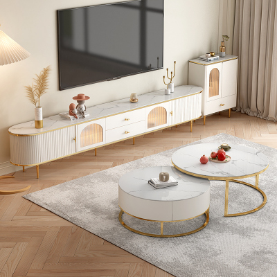 轻奢奶油风岩板电视机柜收纳储物柜一体现代简约客厅背景墙落地柜