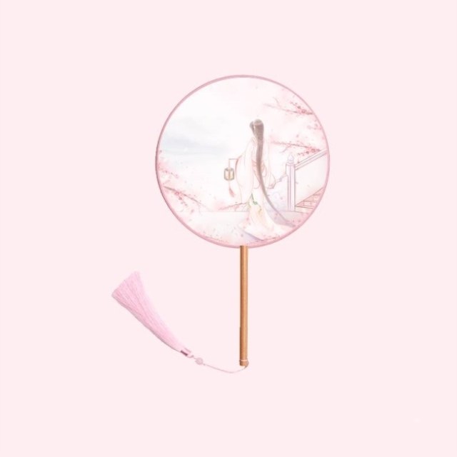 复古流苏长柄团扇粉红面团挂坠中式手艺婚礼荷花便携丝扇子古风汉