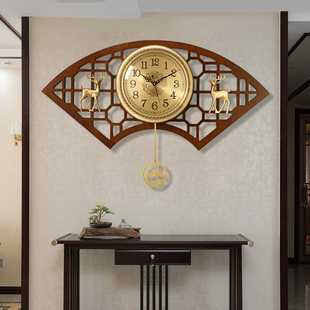 【精工30年】黄铜新中式钟表扇形挂钟客厅静音大气实木电子钟挂墙