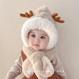 儿童帽子秋冬季宝宝围巾加绒婴儿女童男孩可爱超萌护耳幼儿一体帽