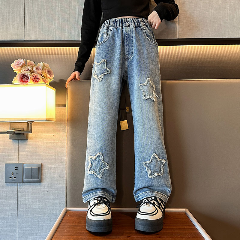 女童五角星设计感牛仔裤2024春装新款韩版洋气女大童直筒裤长裤子