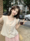 宽松法式小飞袖衬衣2024女夏季新款下摆流苏花边浅杏甜美无袖衬衫