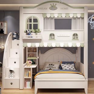 儿童城堡树屋床交错式上下铺双层高低上床下桌组合床书桌衣柜一体