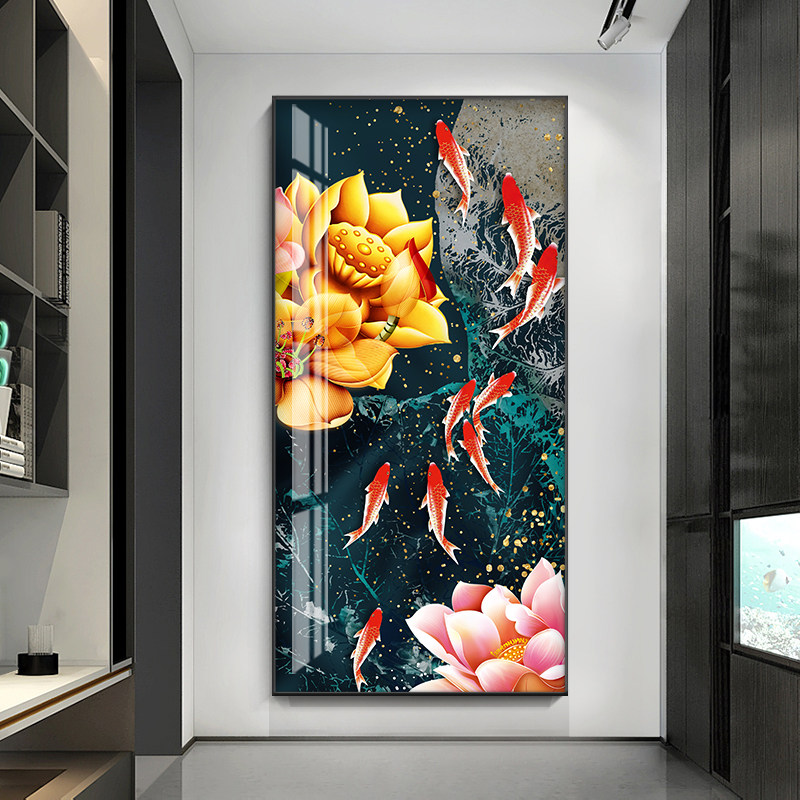 九鱼图入户玄关装饰画寓意好走廊过道壁画挂画竖版轻奢2021年新款