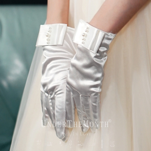 新娘结婚婚纱礼服短款手套演出配饰手套珍珠缎面手套白色女